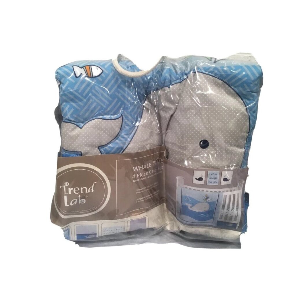 New Trend Lab 4 Piece Crib Set Whale Time Nautical Quilt Sheet Skirt Blanket